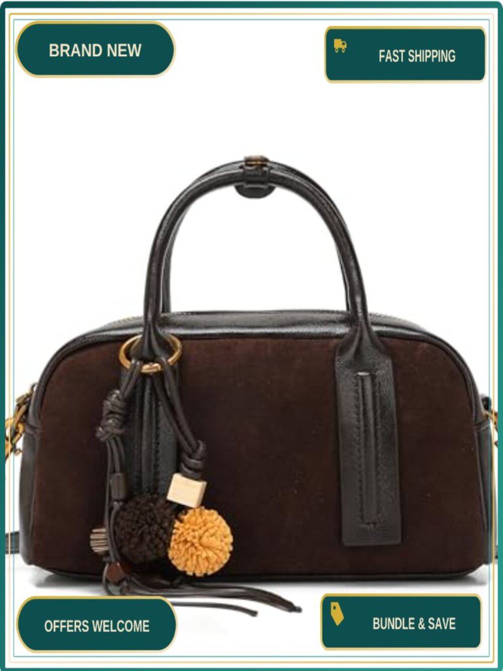 Suede Boston Bag Satchel with Crossbody Strap and Pom Pom Charm